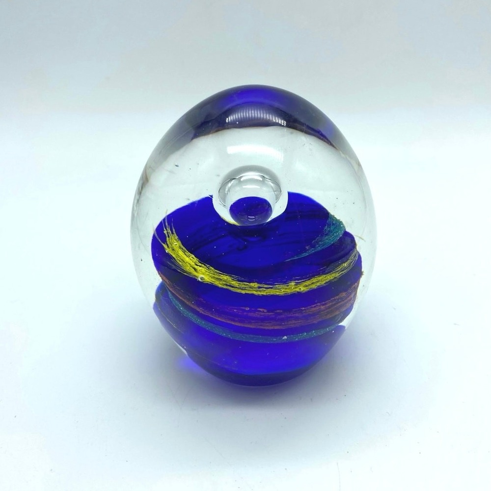 Art Glass Paperweight Cobalt Blue Yellow Swirl Egg Shape Controlled Bubble 3.25'